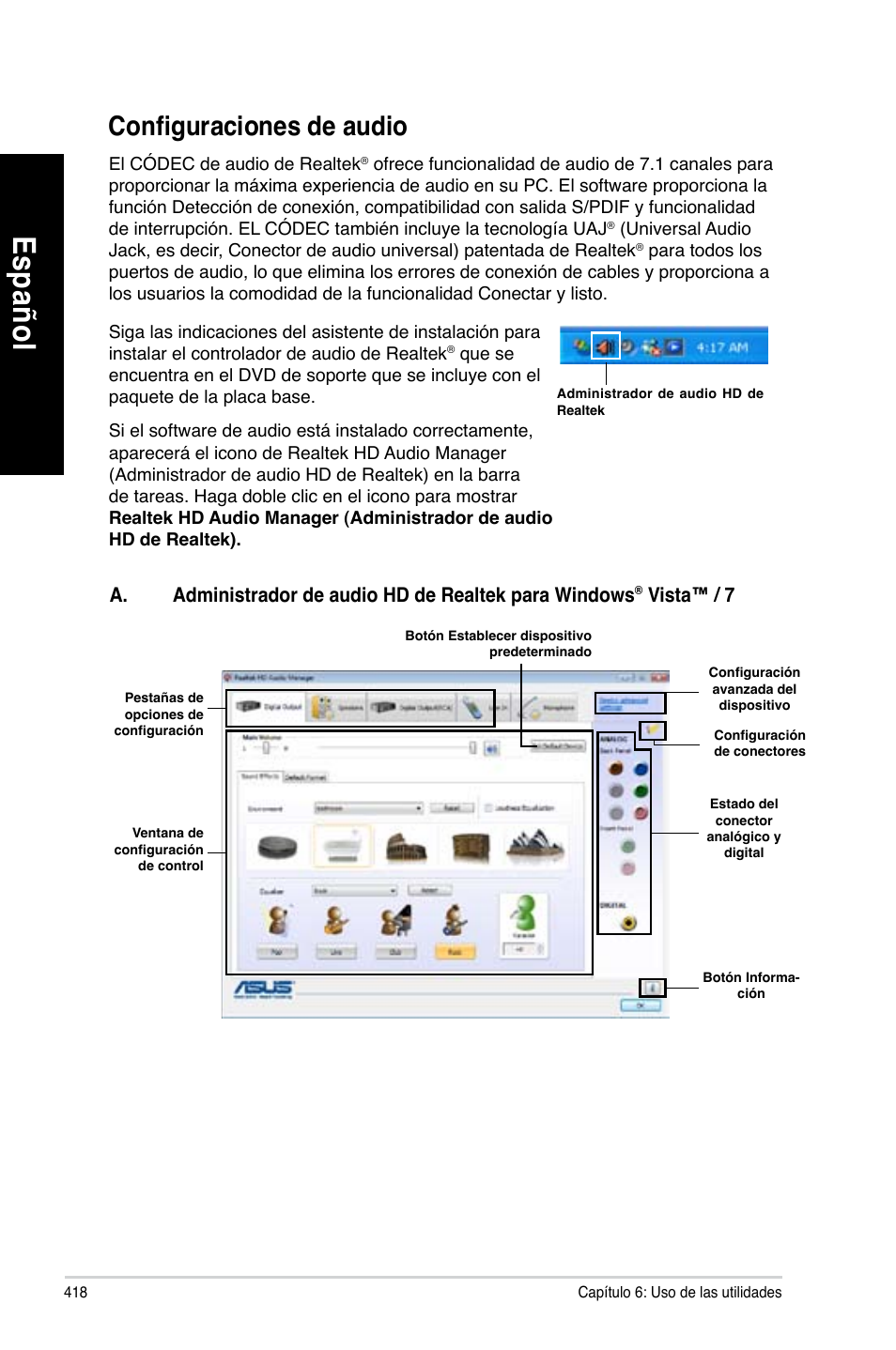 Configuraciones de audio, Es pa ño l es pa ño l es pa ño l es pa ño l | Asus CG8890 User Manual | Page 420 / 632