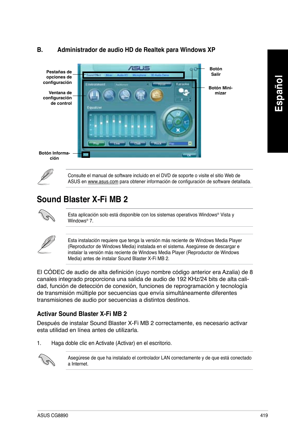 Sound blaster x-fi mb 2, Es pa ño l es pa ño l | Asus CG8890 User Manual | Page 421 / 632