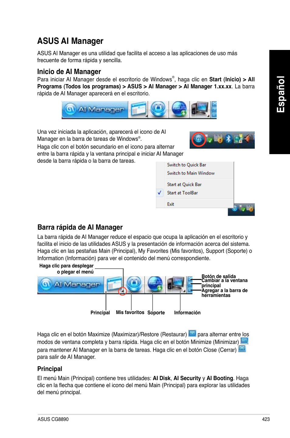 Asus ai manager, Es pa ño l es pa ño l | Asus CG8890 User Manual | Page 425 / 632