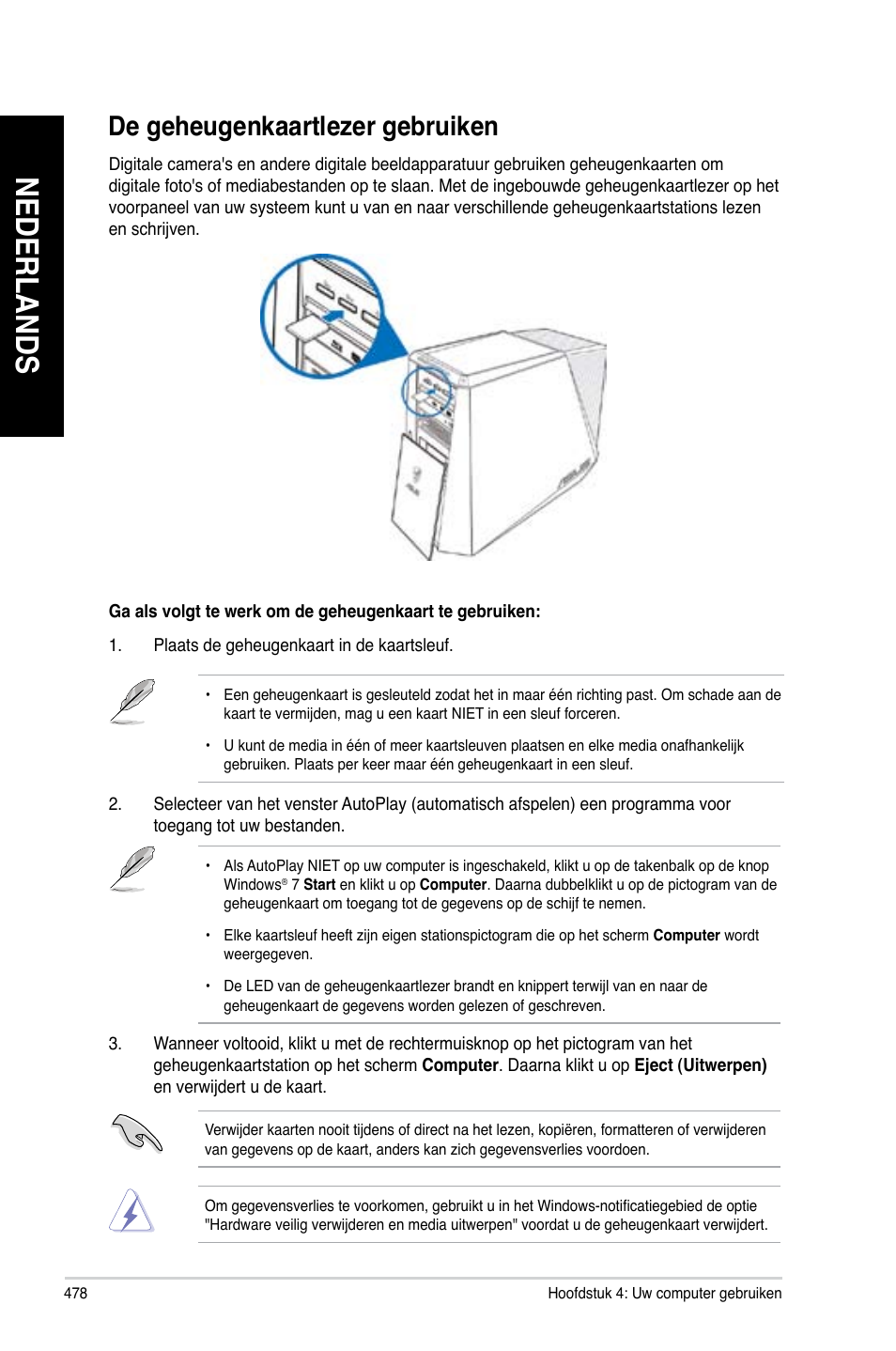 De geheugenkaartlezer gebruiken, Nederlands | Asus CG8890 User Manual | Page 480 / 632