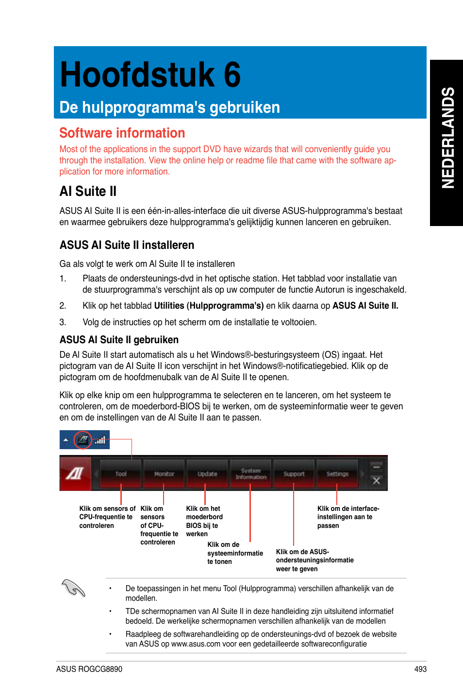 Hoofdstuk 6, De hulpprogramma's gebruiken, Ai suite ii | Nederlands, Software information, Asus ai suite ii installeren | Asus CG8890 User Manual | Page 495 / 632