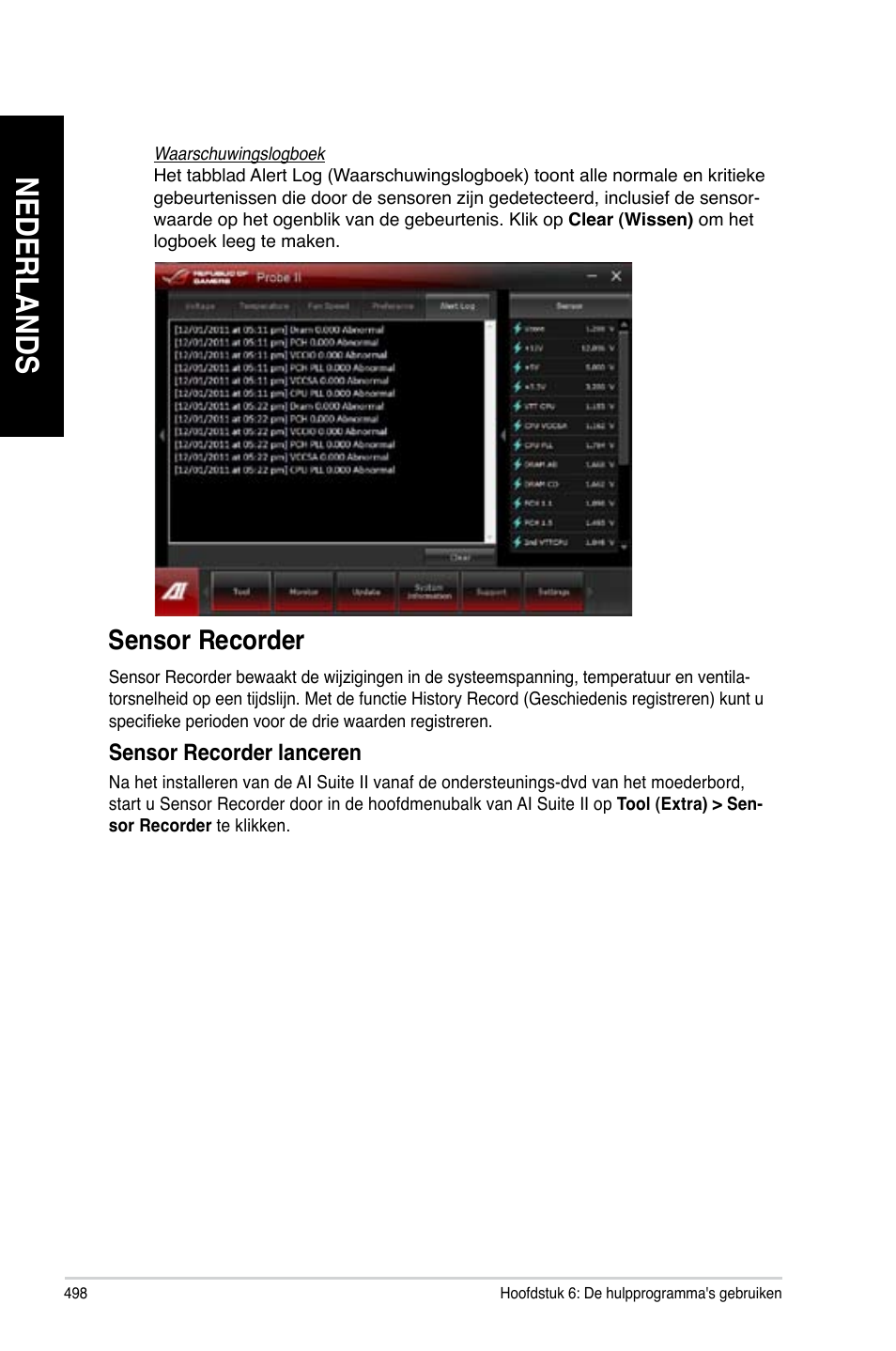 Sensor recorder, Nederlands | Asus CG8890 User Manual | Page 500 / 632