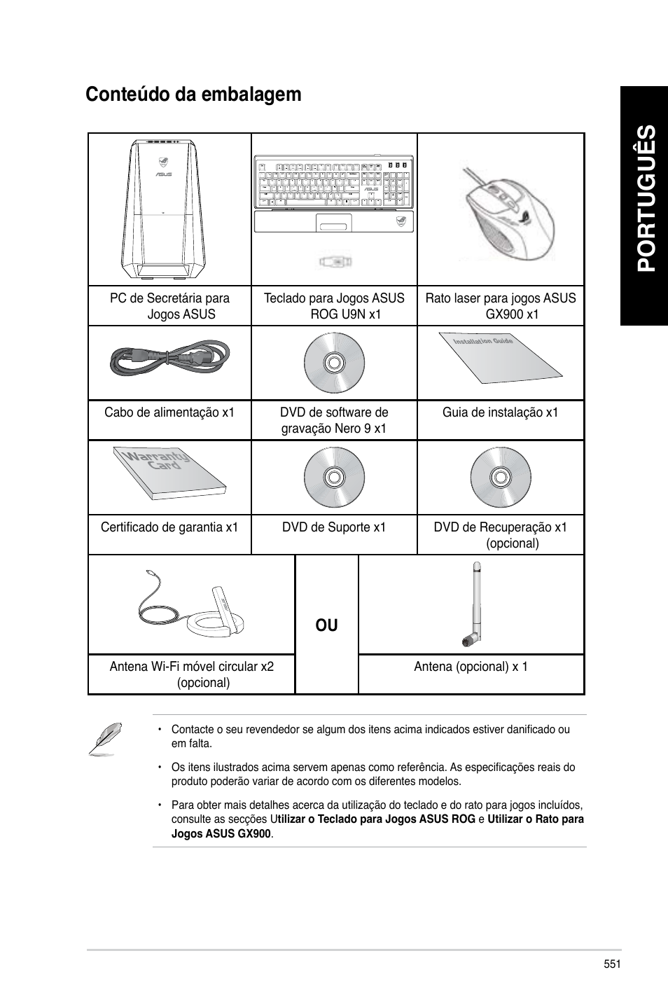 Conteúdo da embalagem, Português | Asus CG8890 User Manual | Page 553 / 632