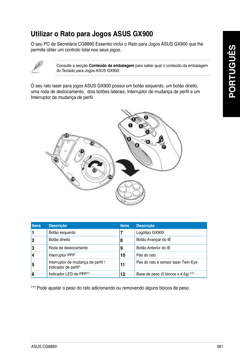 Utilizar o rato para jogos asus gx900, Português | Asus CG8890 User Manual | Page 583 / 632