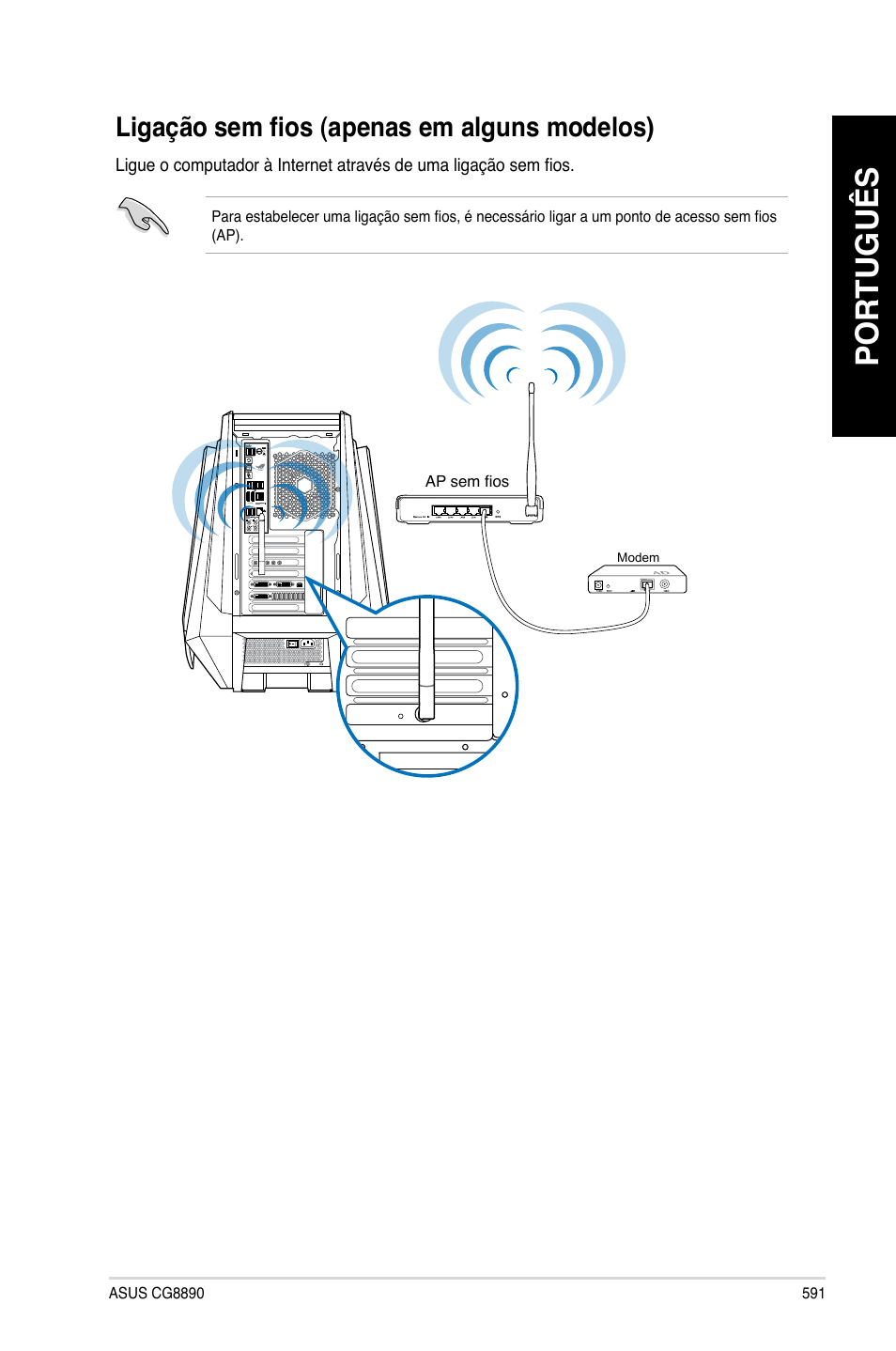 Ligação sem fios (apenas em alguns modelos), Português | Asus CG8890 User Manual | Page 593 / 632