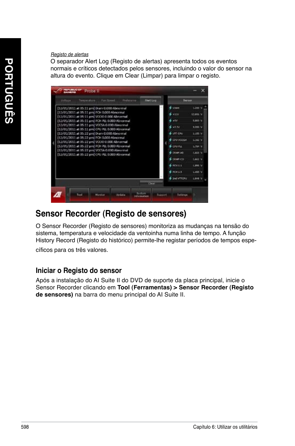 Sensor recorder (registo de sensores), Português | Asus CG8890 User Manual | Page 600 / 632