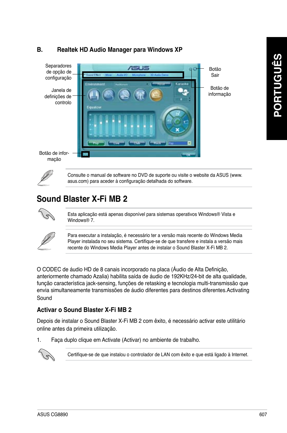 Sound blaster x-fi mb 2, Português | Asus CG8890 User Manual | Page 609 / 632