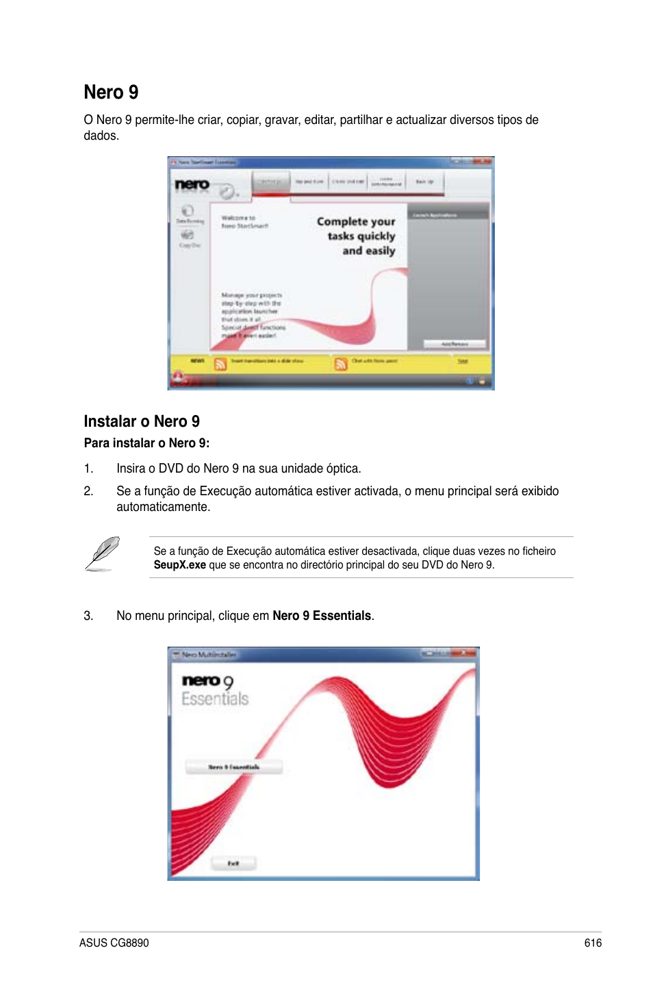 Nero 9, Instalar o nero 9 | Asus CG8890 User Manual | Page 618 / 632