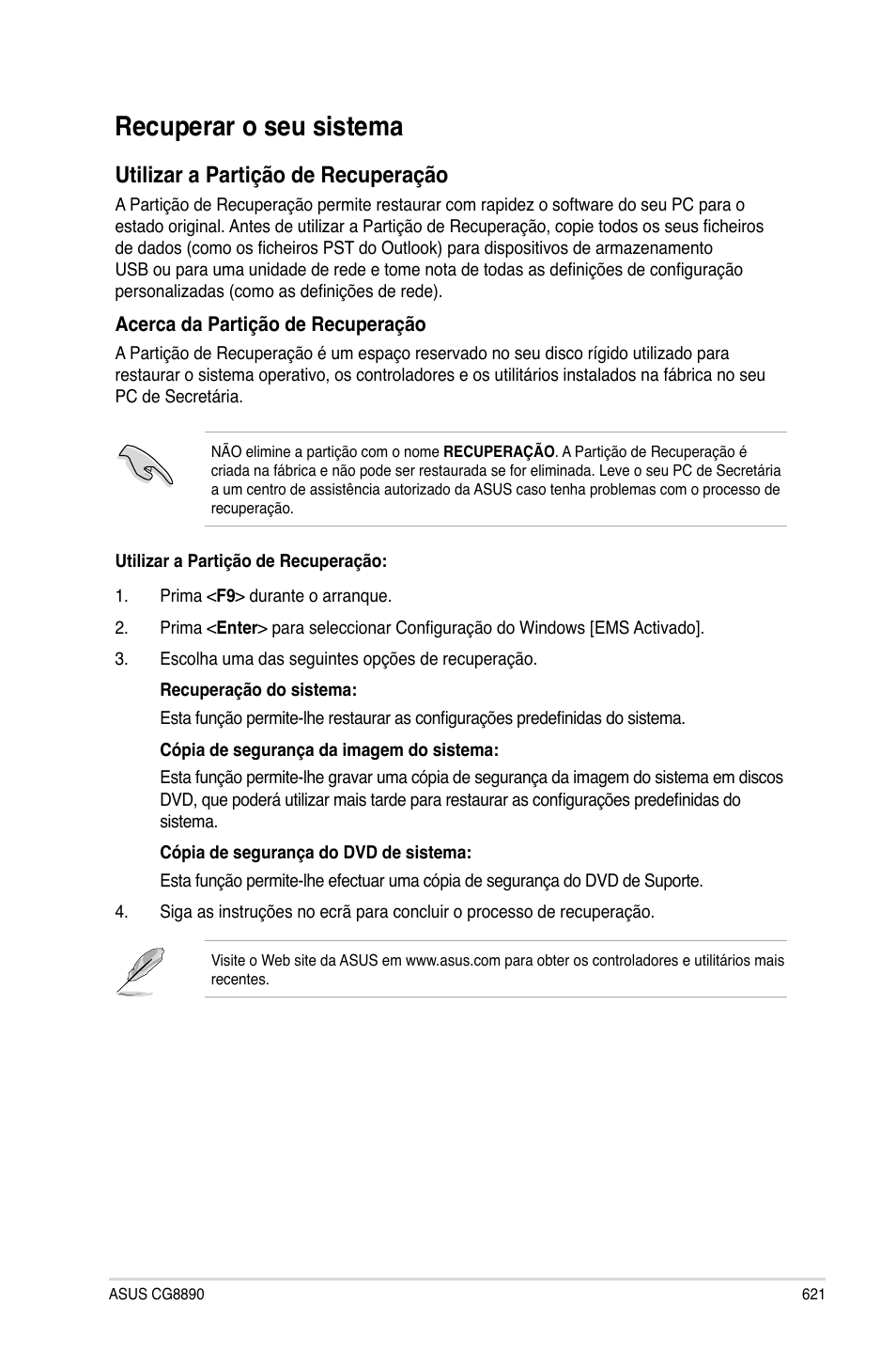 Recuperar o seu sistema, Utilizar a partição de recuperação | Asus CG8890 User Manual | Page 623 / 632