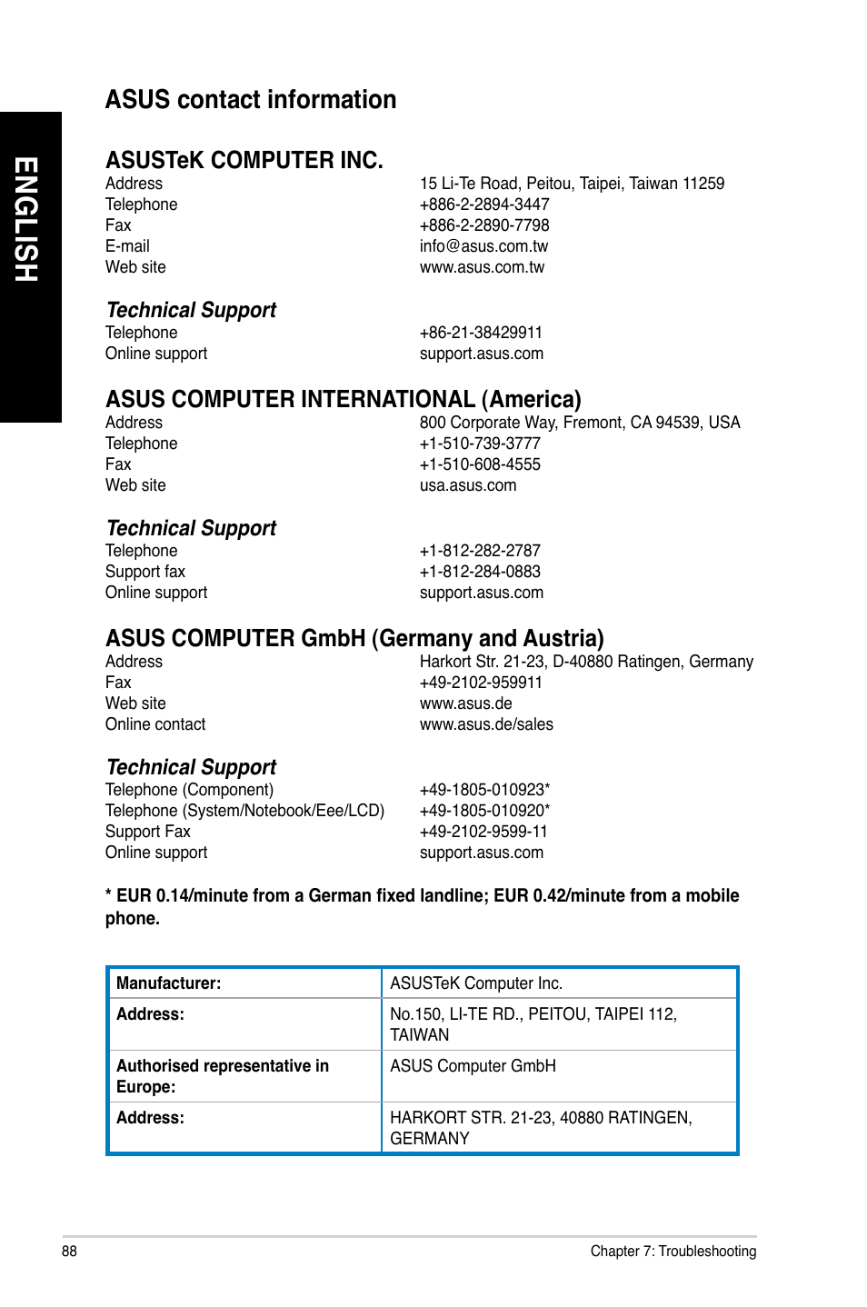 Asus contact information, En gl is h en gl is h, Asus.contact.information | Technical.support | Asus CG8890 User Manual | Page 90 / 632