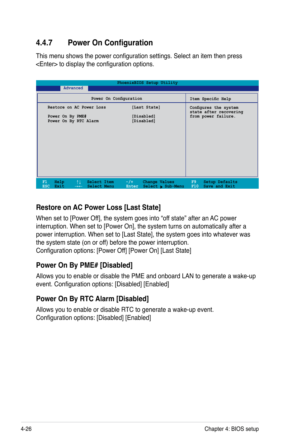 7 power on configuration, Restore on ac power loss [last state, Power on by pme# [disabled | Power on by rtc alarm [disabled | Asus DSBF-D16/SAS User Manual | Page 100 / 202