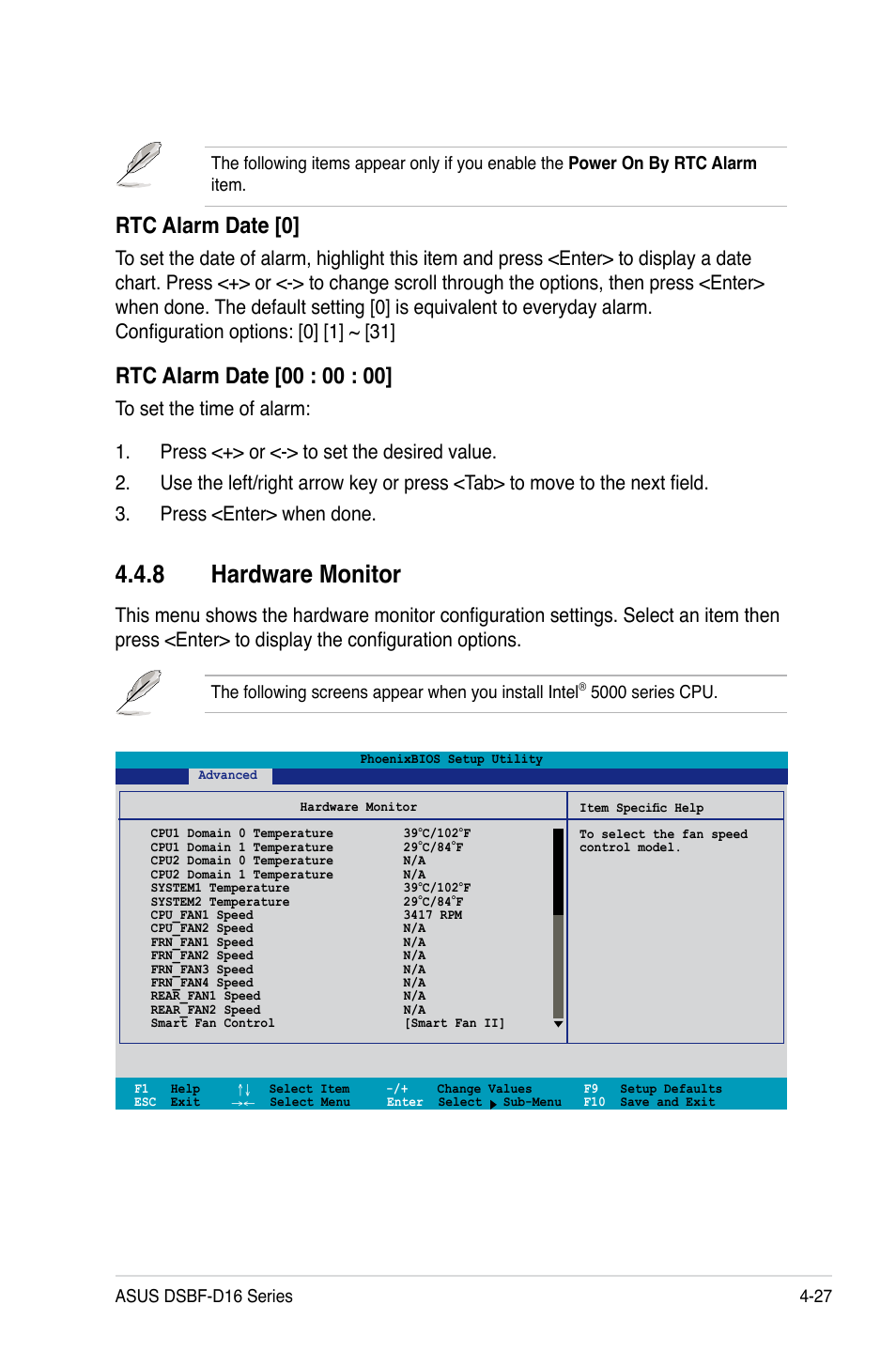 8 hardware monitor, Rtc alarm date [0, 5000 series cpu | Asus DSBF-D16/SAS User Manual | Page 101 / 202