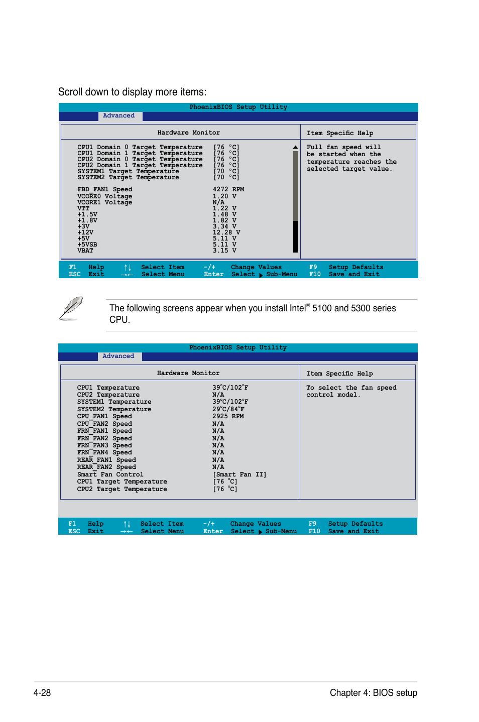 Scroll down to display more items, 28 chapter 4: bios setup | Asus DSBF-D16/SAS User Manual | Page 102 / 202