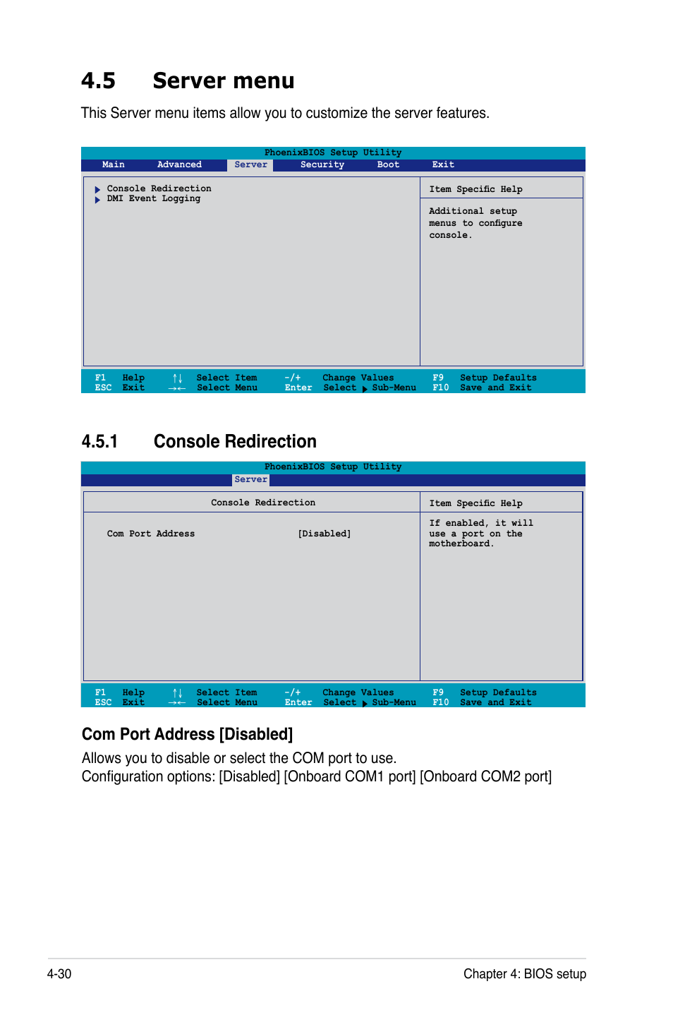 5 server menu, 1 console redirection, Com port address [disabled | 30 chapter 4: bios setup | Asus DSBF-D16/SAS User Manual | Page 104 / 202