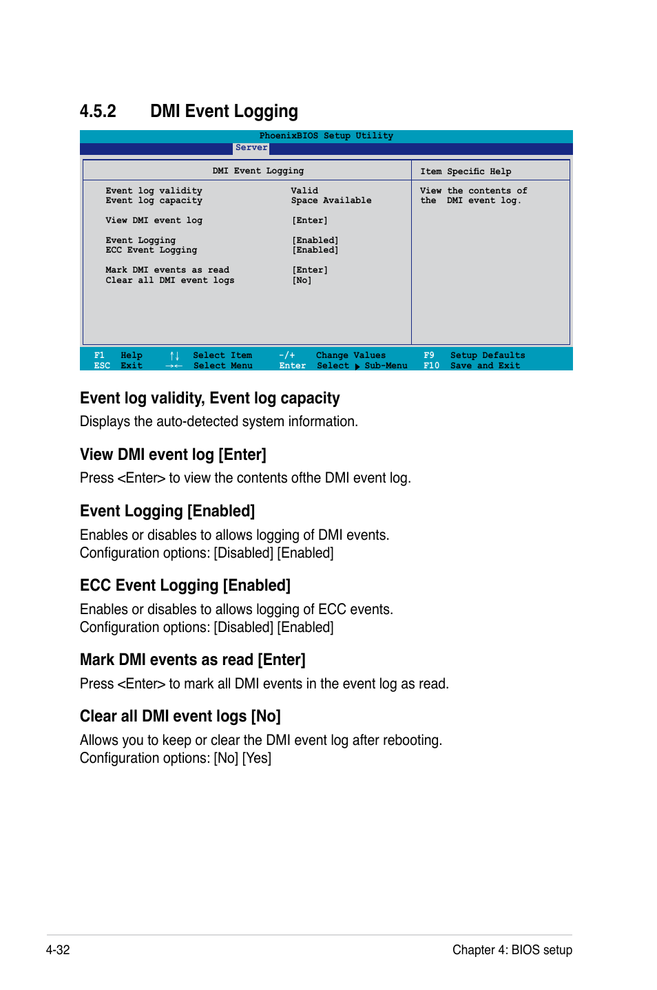 2 dmi event logging, Event log validity, event log capacity, View dmi event log [enter | Event logging [enabled, Ecc event logging [enabled, Mark dmi events as read [enter, Clear all dmi event logs [no, Displays the auto-detected system information | Asus DSBF-D16/SAS User Manual | Page 106 / 202