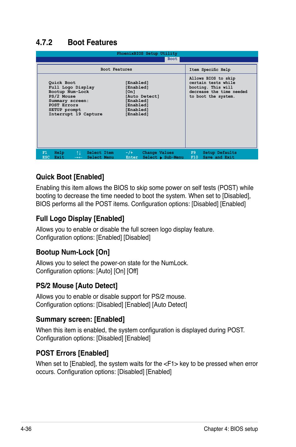 2 boot features, Quick boot [enabled, Full logo display [enabled | Bootup num-lock [on, Ps/2 mouse [auto detect, Summary screen: [enabled, Post errors [enabled | Asus DSBF-D16/SAS User Manual | Page 110 / 202