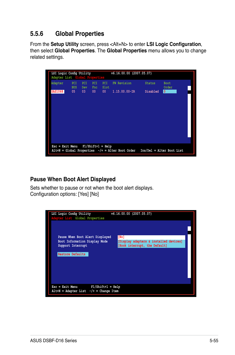 6 global properties, Pause when boot alert displayed | Asus DSBF-D16/SAS User Manual | Page 169 / 202