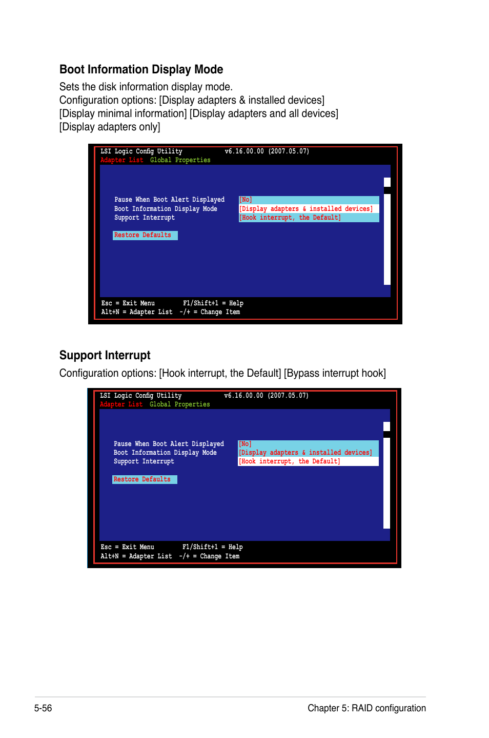 Boot information display mode, Support interrupt | Asus DSBF-D16/SAS User Manual | Page 170 / 202