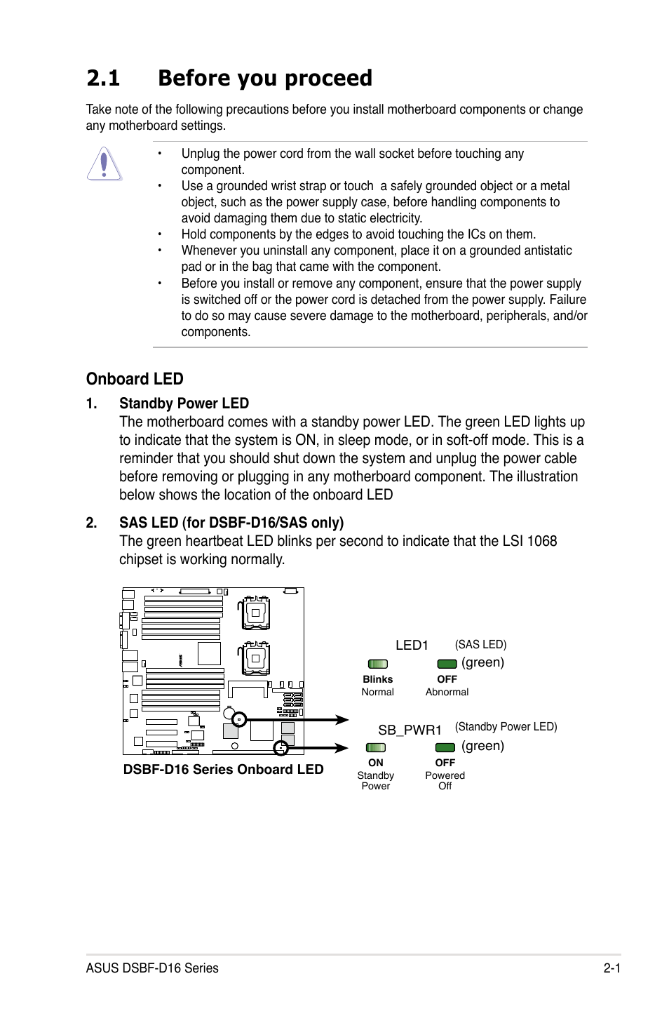 1 before you proceed, Onboard led | Asus DSBF-D16/SAS User Manual | Page 23 / 202