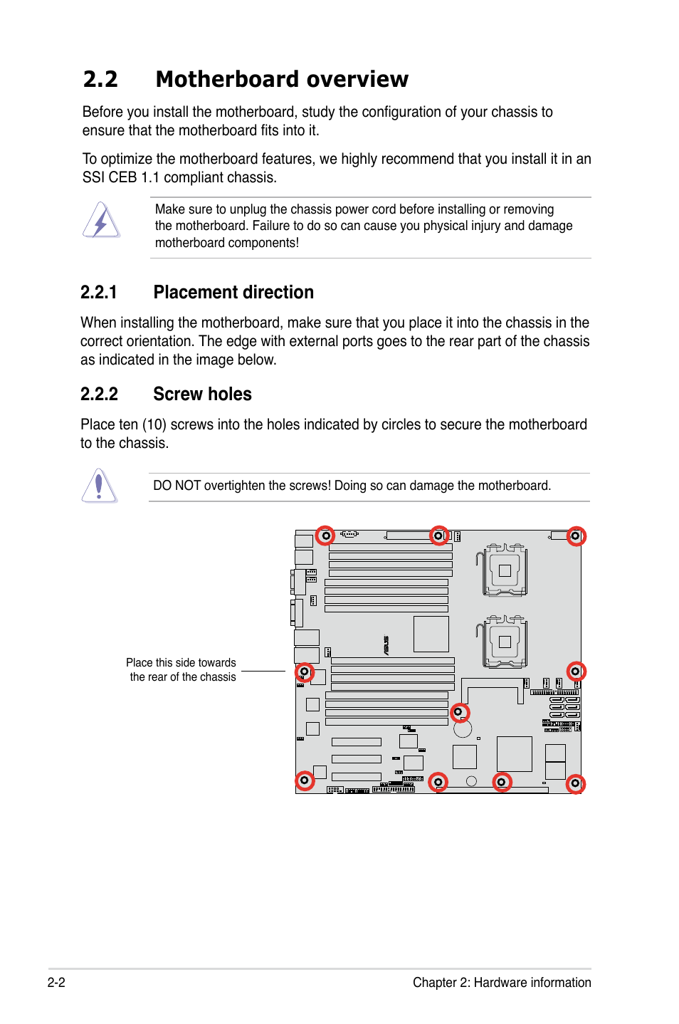 2 motherboard overview, 1 placement direction, 2 screw holes | Asus DSBF-D16/SAS User Manual | Page 24 / 202