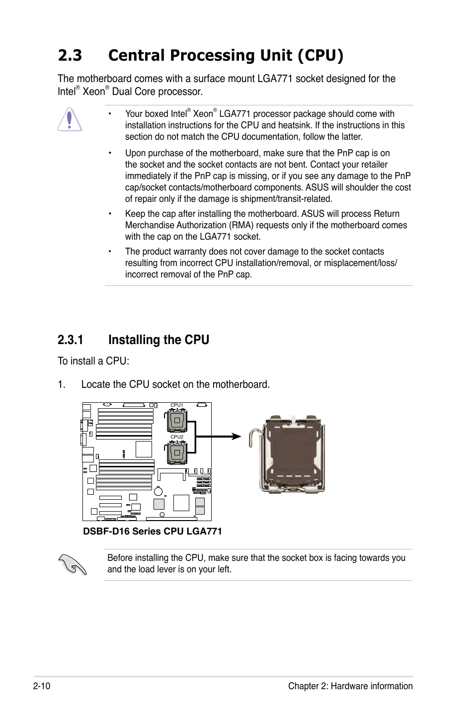 3 central processing unit (cpu), 1 installing the cpu | Asus DSBF-D16/SAS User Manual | Page 32 / 202