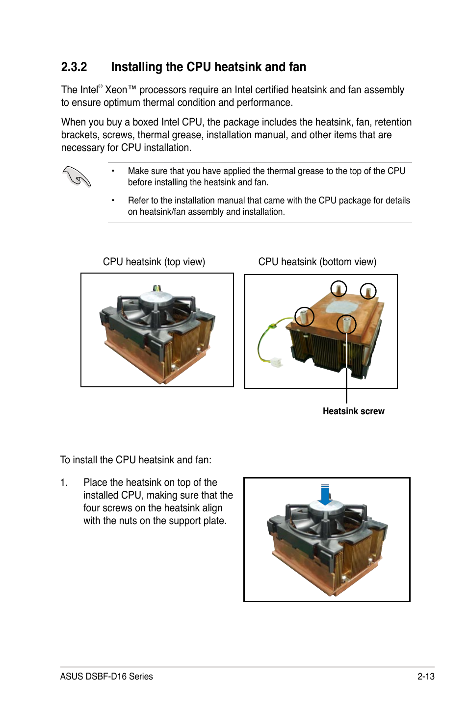 2 installing the cpu heatsink and fan | Asus DSBF-D16/SAS User Manual | Page 35 / 202