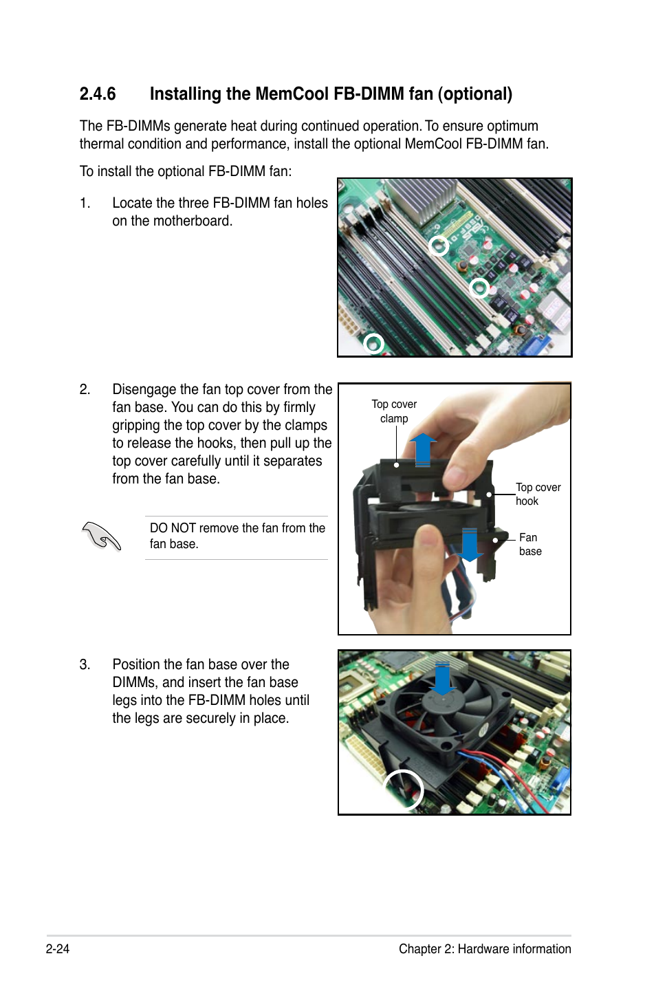 6 installing the memcool fb-dimm fan (optional) | Asus DSBF-D16/SAS User Manual | Page 46 / 202