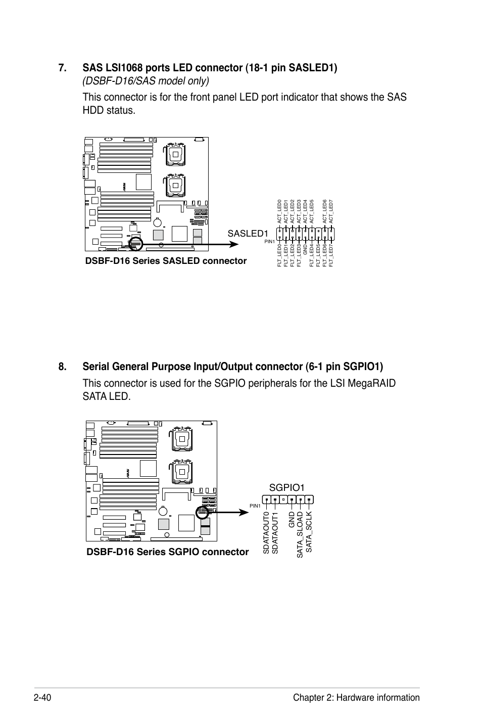 40 chapter 2: hardware information, Dsbf-d16 series sgpio connector sgpio1, Dsbf-d16 series sasled connector sasled1 | Asus DSBF-D16/SAS User Manual | Page 62 / 202