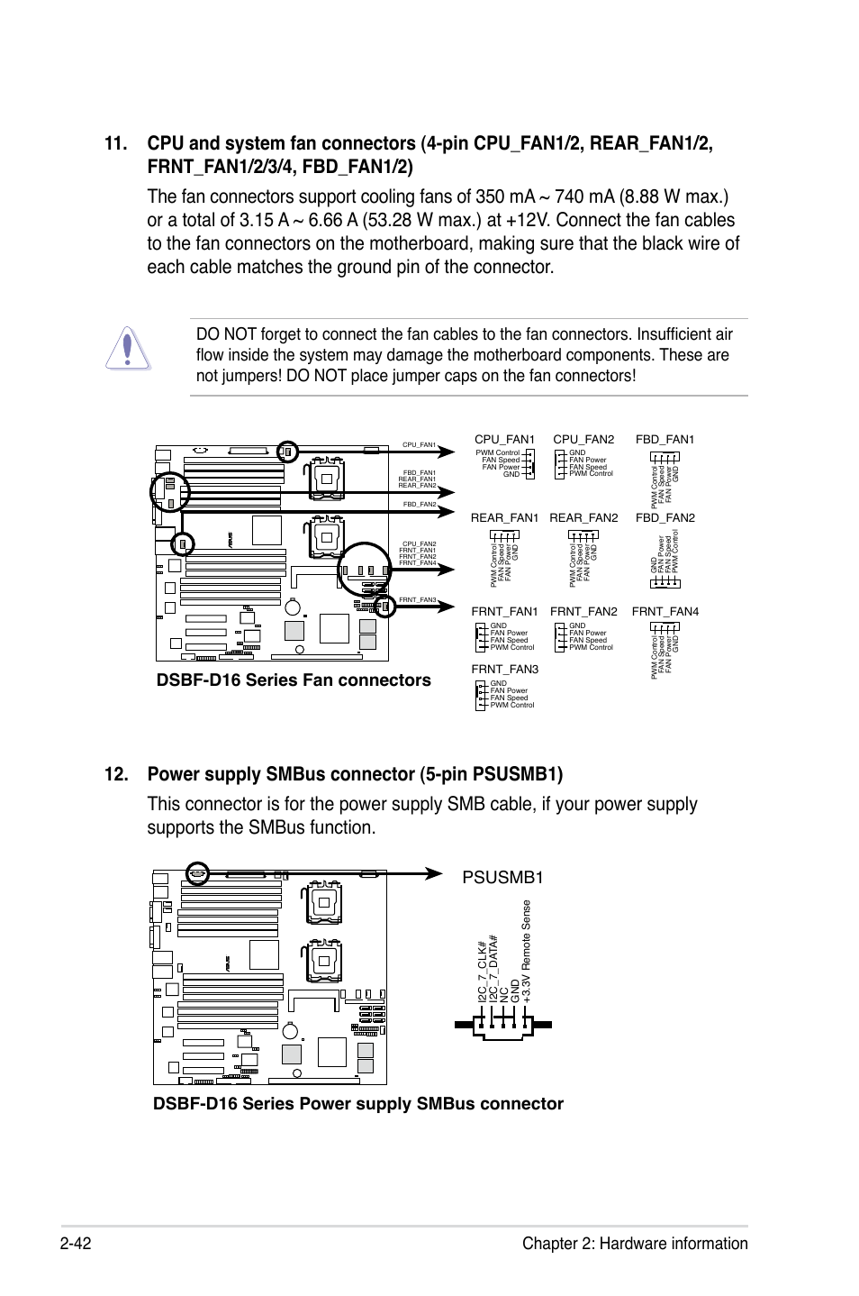 42 chapter 2: hardware information, Dsbf-d16 series fan connectors | Asus DSBF-D16/SAS User Manual | Page 64 / 202