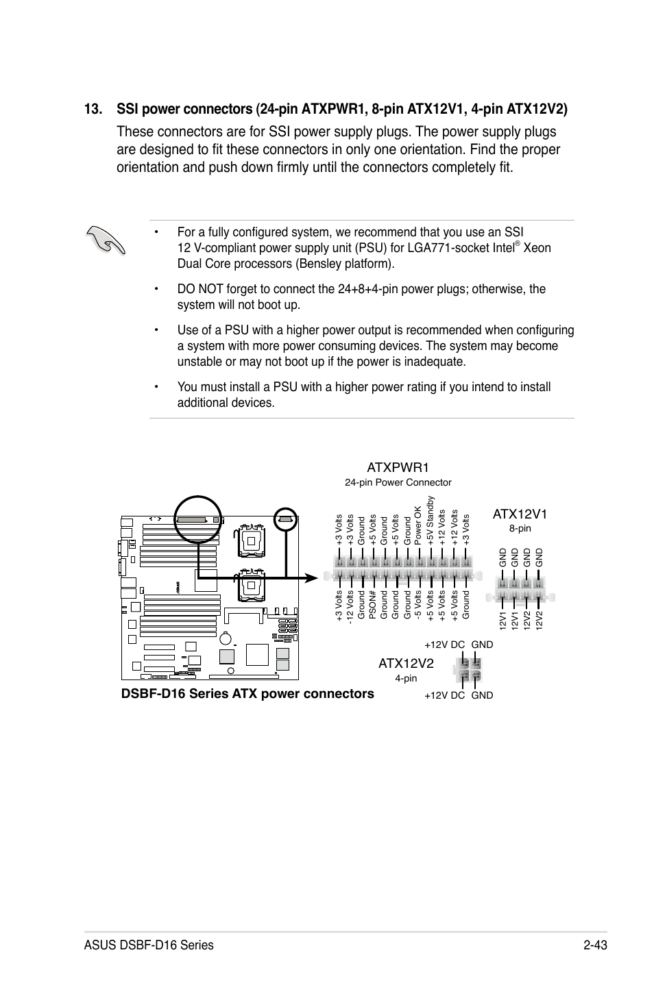 Dsbf-d16 series atx power connectors, Atxpwr1 atx12v1, Atx12v2 | Asus DSBF-D16/SAS User Manual | Page 65 / 202