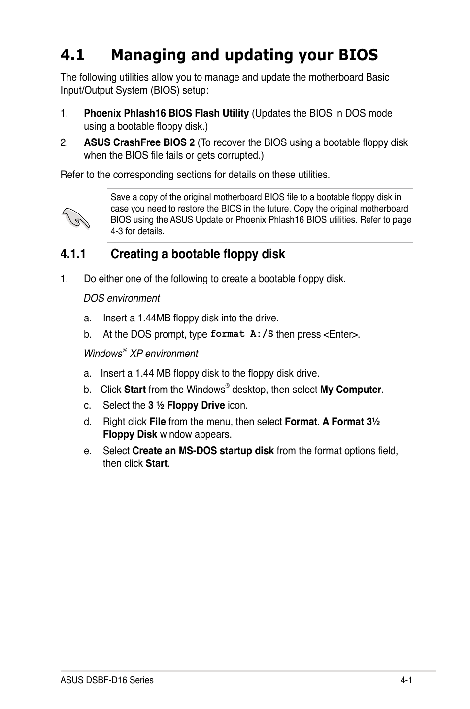 1 managing and updating your bios, 1 creating a bootable floppy disk | Asus DSBF-D16/SAS User Manual | Page 75 / 202