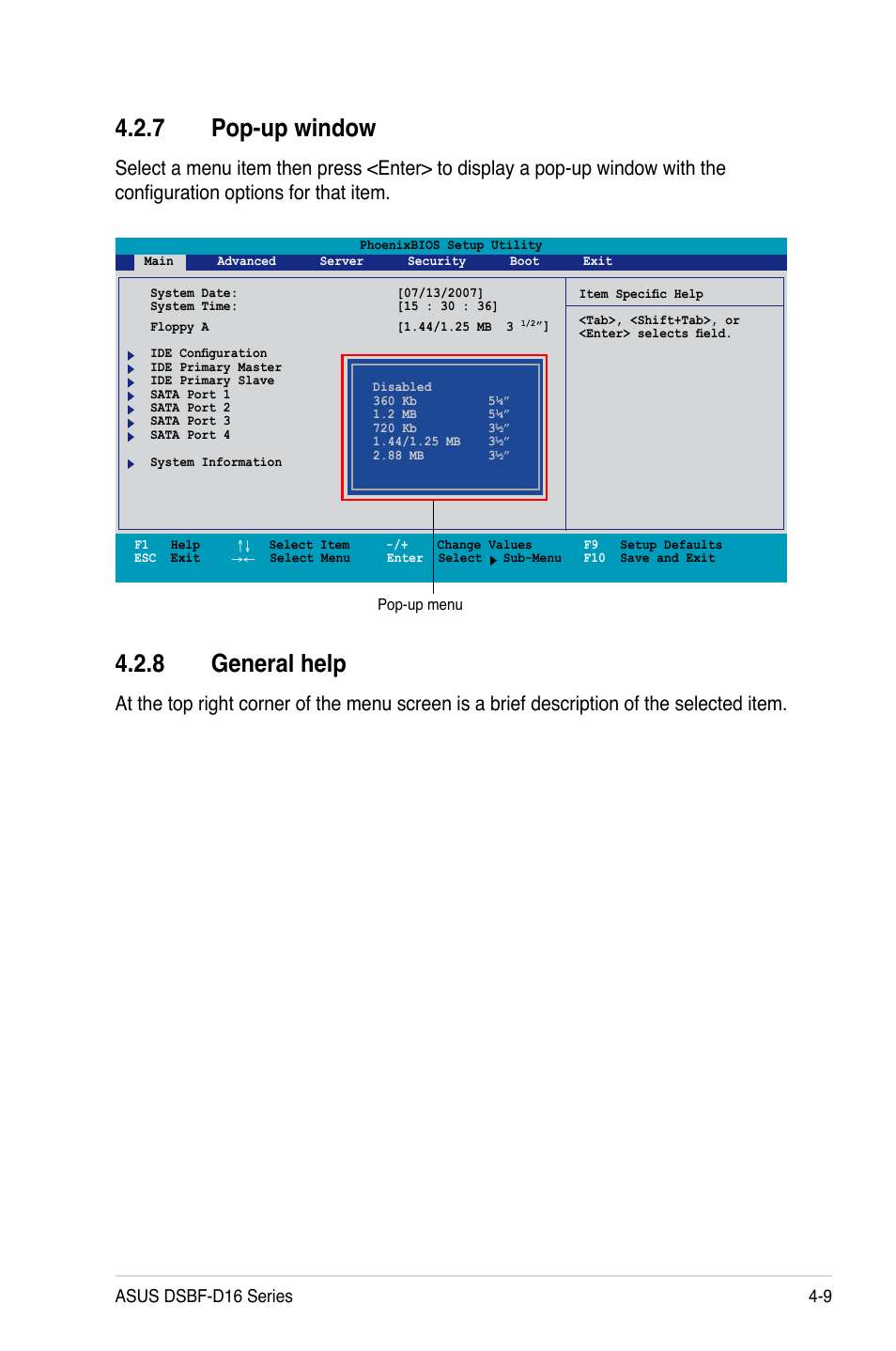 7 pop-up window, 8 general help, Asus dsbf-d16 series 4-9 | Asus DSBF-D16/SAS User Manual | Page 83 / 202