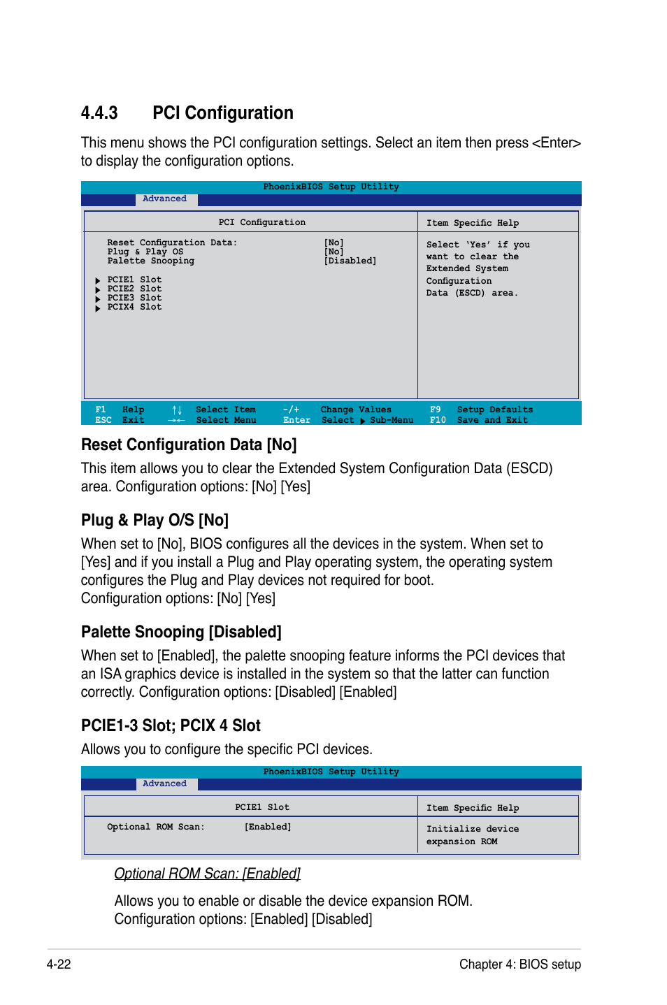 3 pci configuration, Reset configuration data [no, Plug & play o/s [no | Palette snooping [disabled, Pcie1-3 slot; pcix 4 slot, Allows you to configure the specific pci devices | Asus DSBF-D16/SAS User Manual | Page 96 / 202