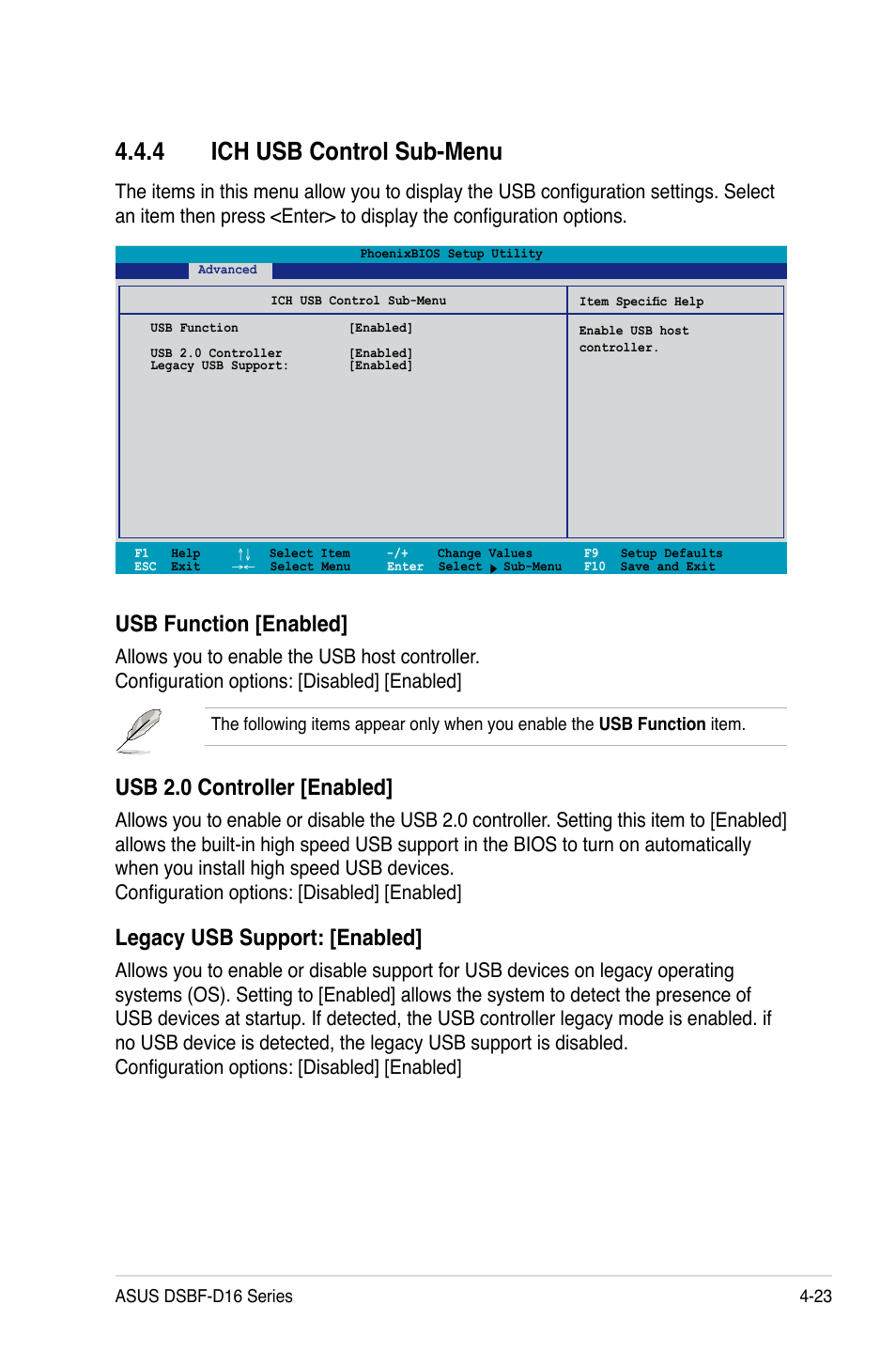 4 ich usb control sub-menu, Usb function [enabled, Usb 2.0 controller [enabled | Legacy usb support: [enabled | Asus DSBF-D16/SAS User Manual | Page 97 / 202