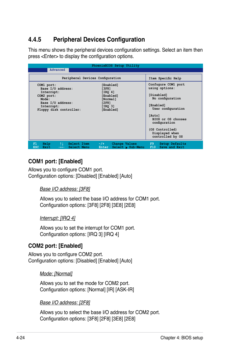 5 peripheral devices configuration, Com1 port: [enabled, Com2 port: [enabled | Asus DSBF-D16/SAS User Manual | Page 98 / 202