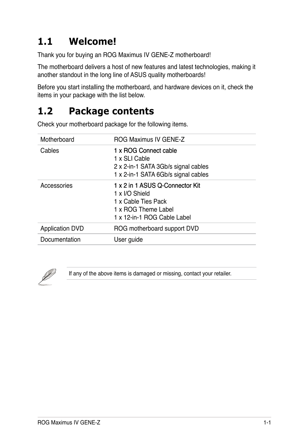 1 welcome, 2 package contents | Asus Maximus IV GENE-Z User Manual | Page 21 / 192