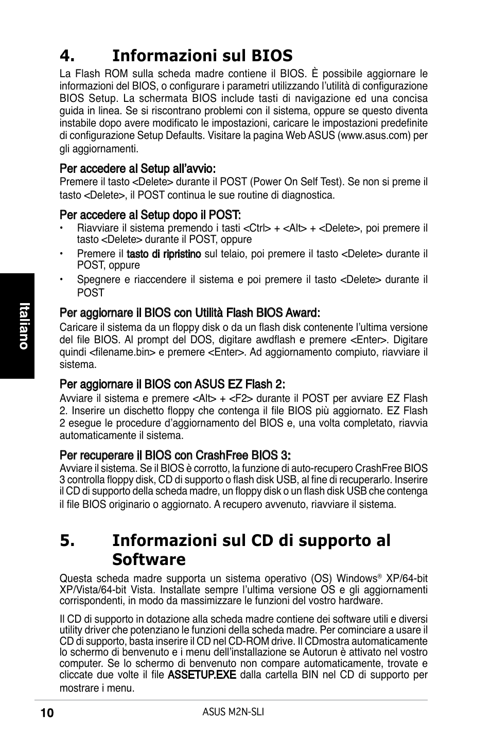 Informazioni sul bios, Informazioni sul cd di supporto al software | Asus M2N-SLI User Manual | Page 10 / 38