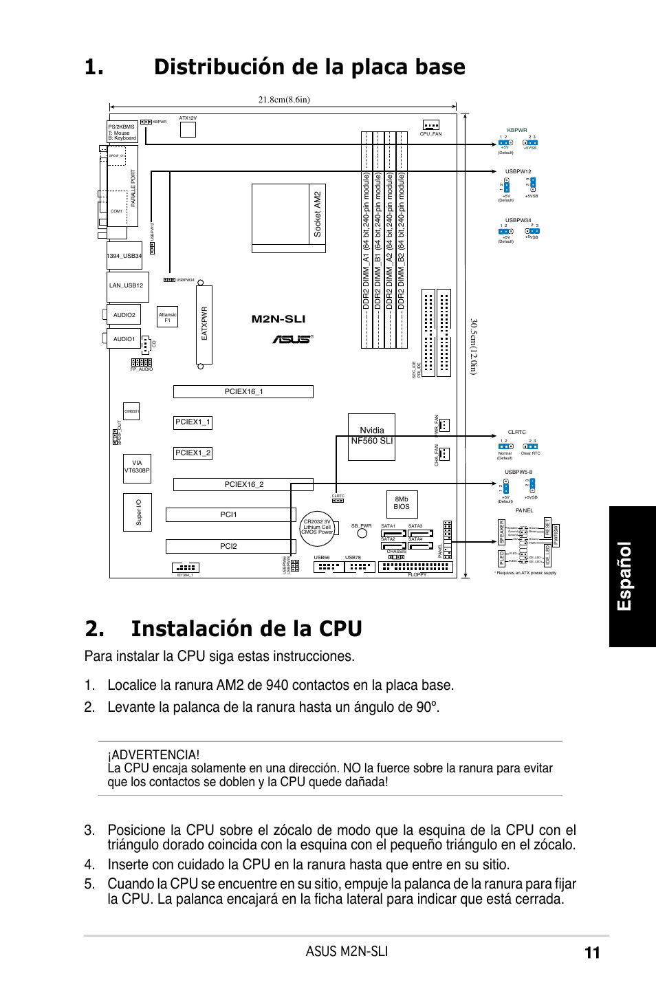 Instalación de la cpu, Distribución de la placa base, Asus m2n-sli | M2n-sli, Socket am2, Nvidia nf560 sli | Asus M2N-SLI User Manual | Page 11 / 38