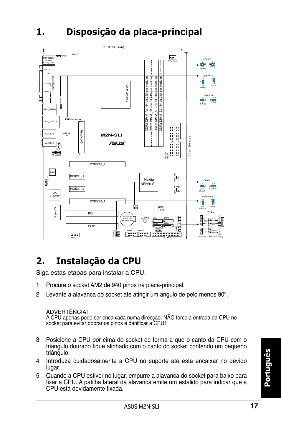 Disposição da placa-principal, Instalação da cpu, Asus m2n-sli | M2n-sli | Asus M2N-SLI User Manual | Page 17 / 38