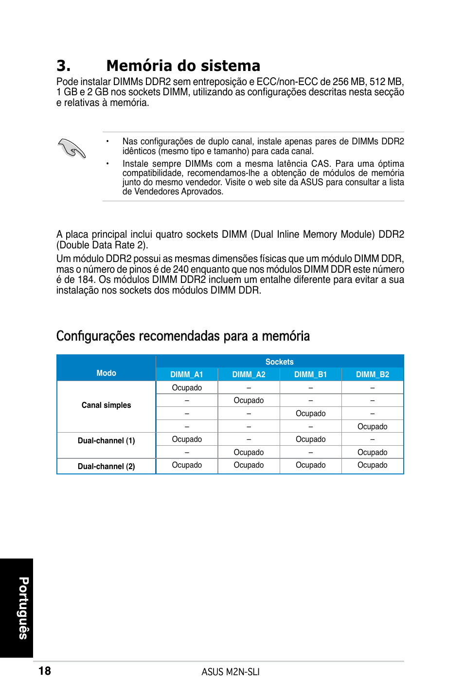Memória do sistema, Configurações recomendadas para a memória | Asus M2N-SLI User Manual | Page 18 / 38