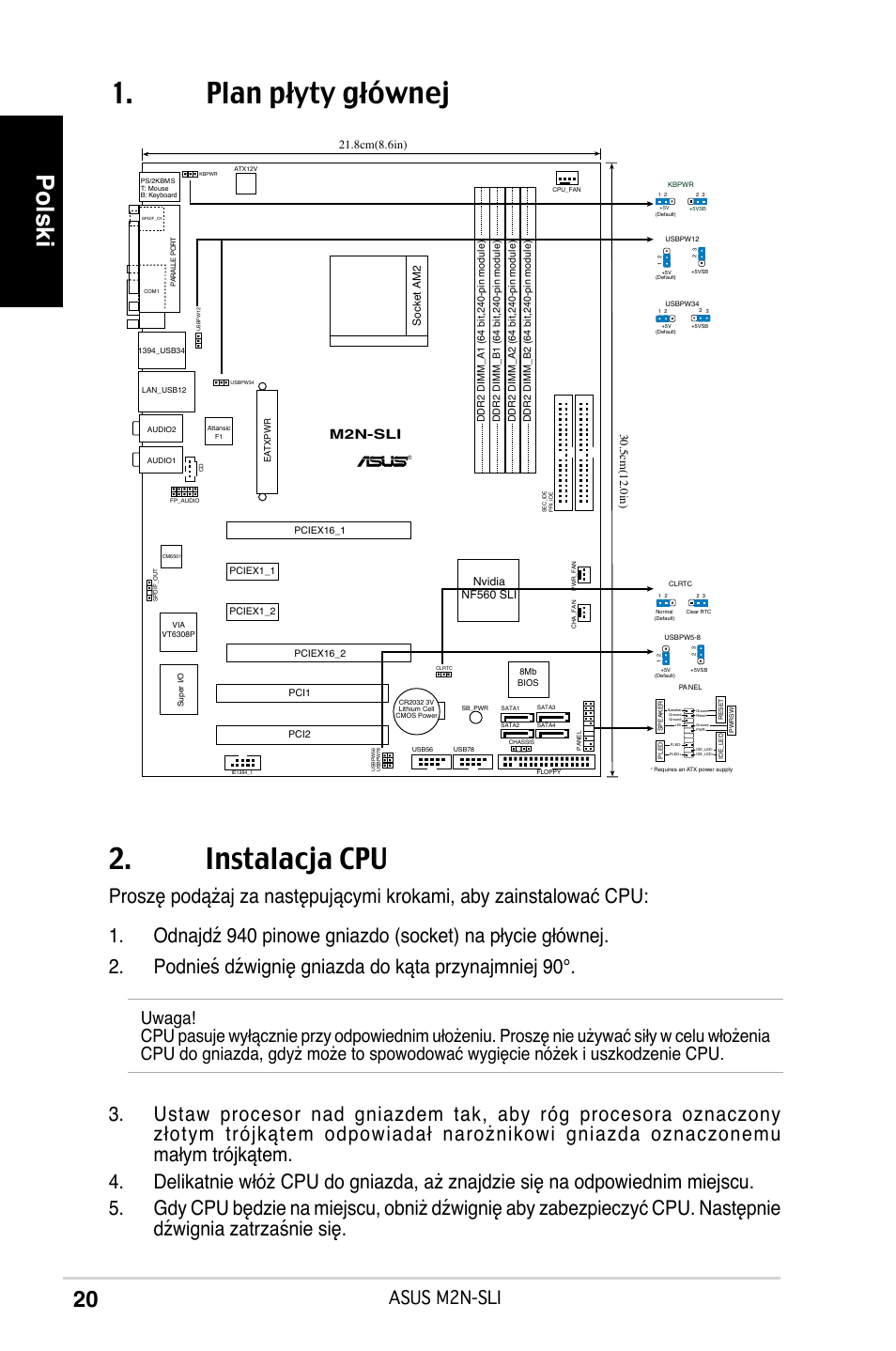 Plan płyty głównej 2. instalacja cpu, Polski, Asus m2n-sli | M2n-sli | Asus M2N-SLI User Manual | Page 20 / 38