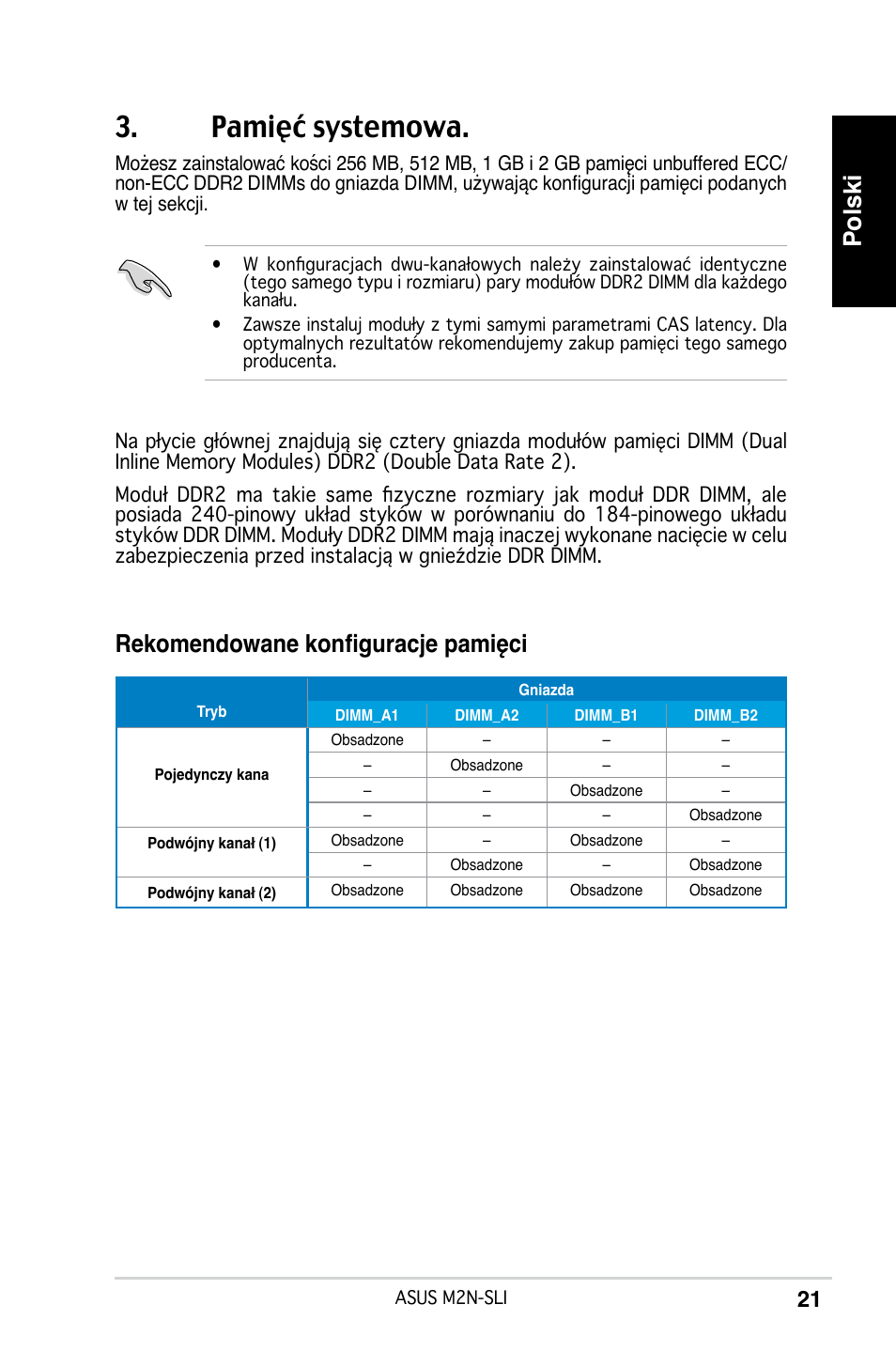 Pamięć systemowa, Polski, Rekomendowane konfiguracje pamięci | Asus M2N-SLI User Manual | Page 21 / 38