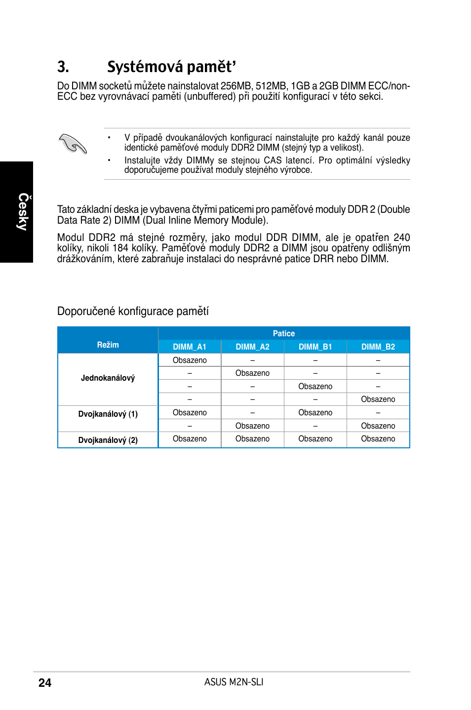 Systémová pamět, Česky, Doporučené konfigurace pamětí | Asus M2N-SLI User Manual | Page 24 / 38