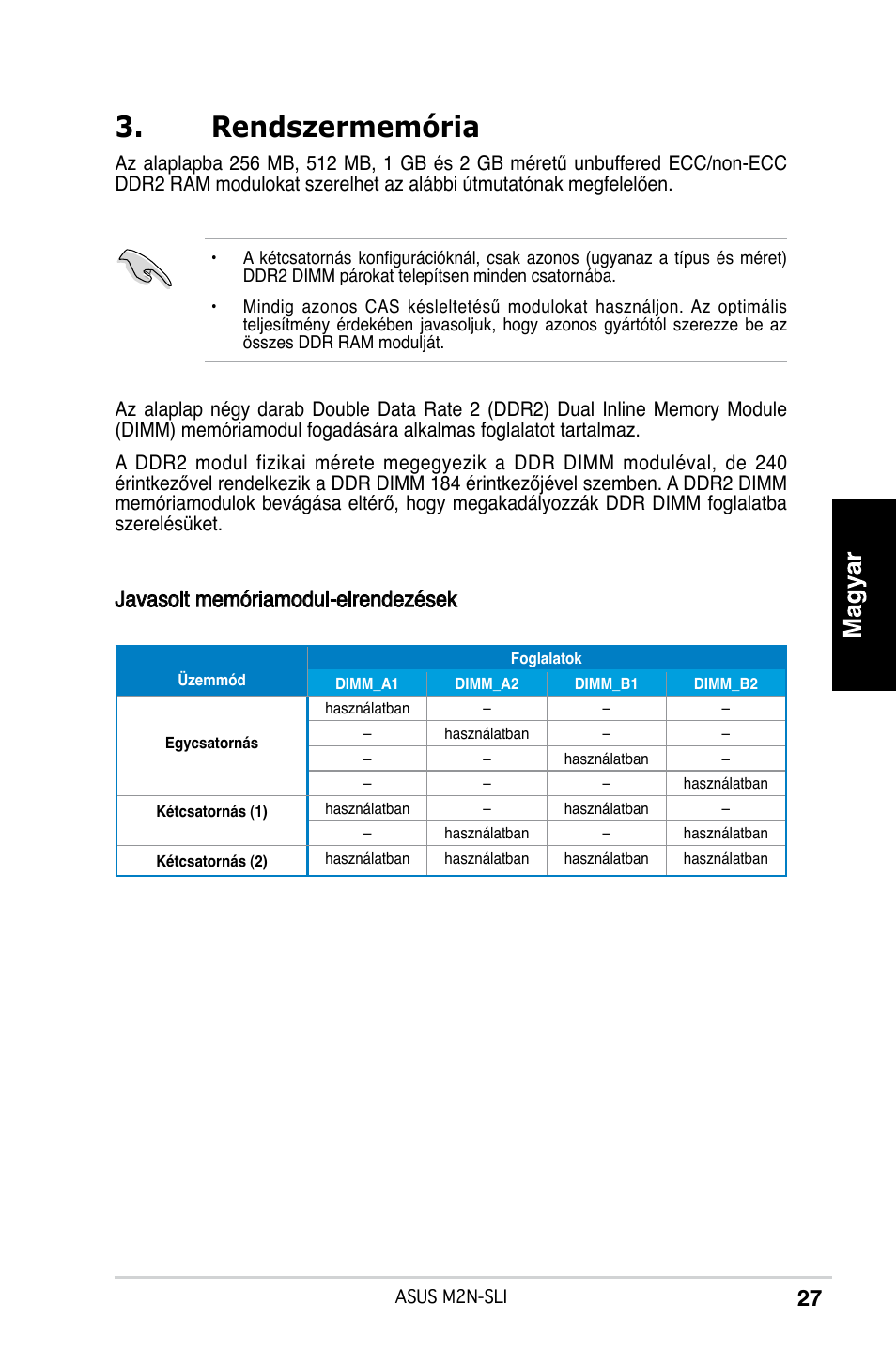 Rendszermemória, Javasolt memóriamodul-elrendezések | Asus M2N-SLI User Manual | Page 27 / 38