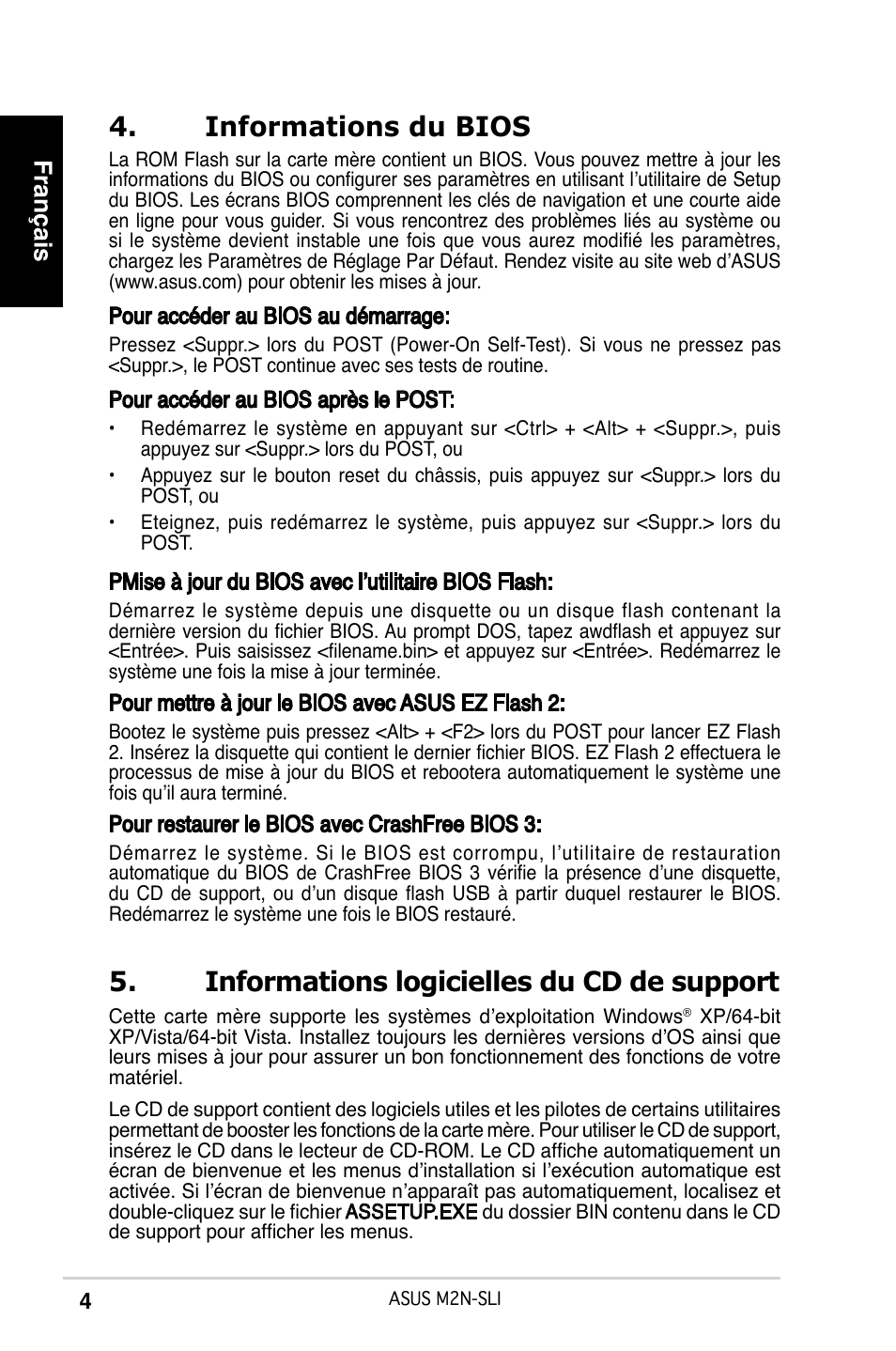 Informations du bios, Informations logicielles du cd de support, Français | Asus M2N-SLI User Manual | Page 4 / 38