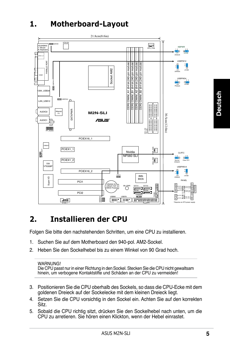 Motherboard-layout 2. installieren der cpu, Asus m2n-sli, M2n-sli | Socket am2, Nvidia nf560 sli | Asus M2N-SLI User Manual | Page 5 / 38