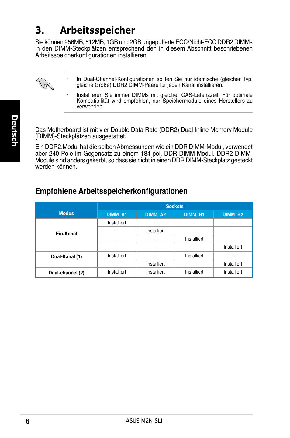 Arbeitsspeicher, Empfohlene arbeitsspeicherkonfigurationen | Asus M2N-SLI User Manual | Page 6 / 38