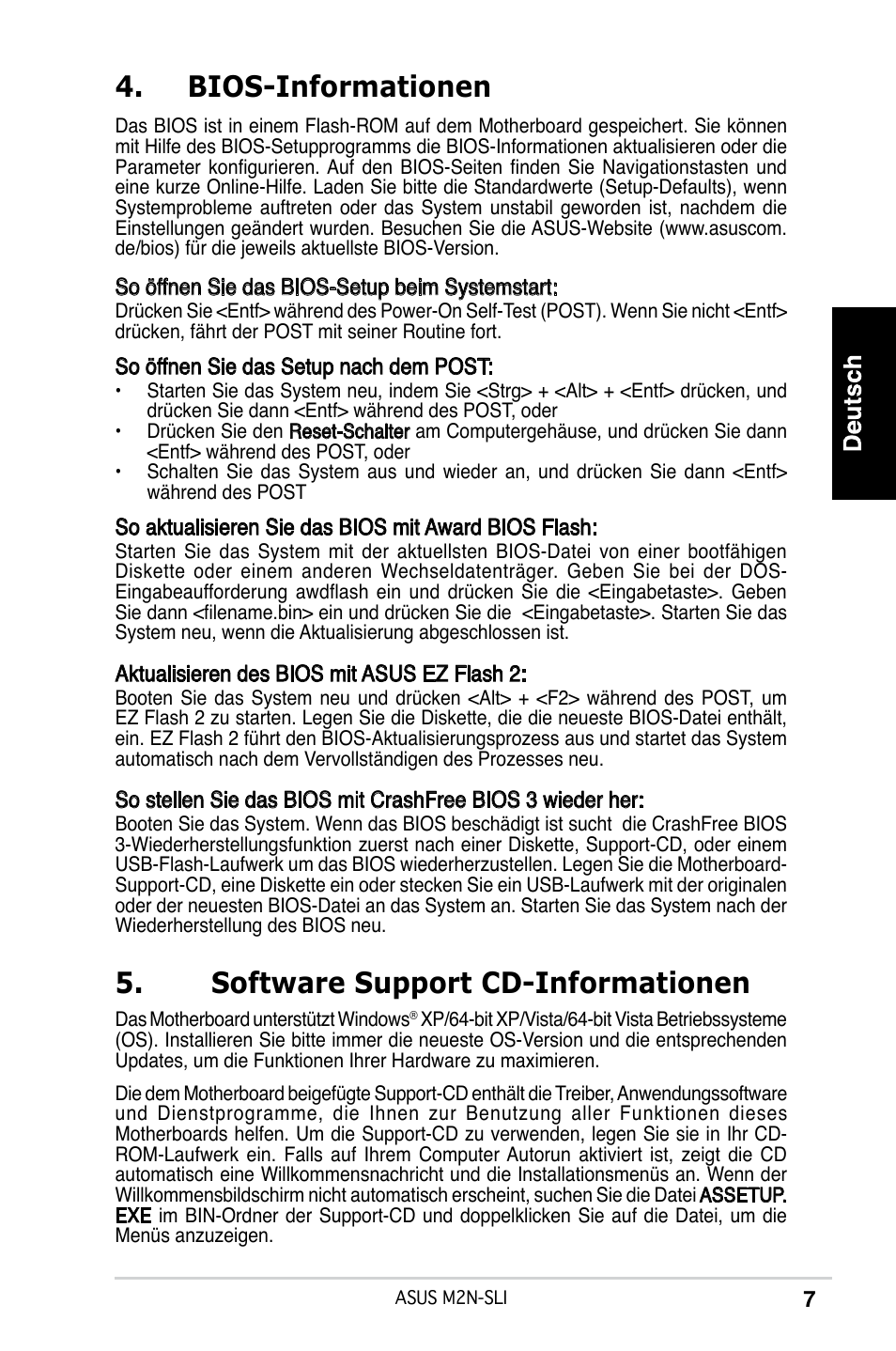 Bios-informationen, Software support cd-informationen | Asus M2N-SLI User Manual | Page 7 / 38