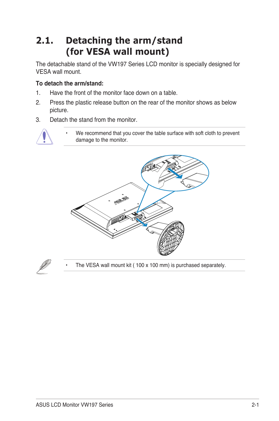 Detaching the arm/stand, For vesa wall mount) -1, Detaching the arm/stand (for vesa wall mount) | Asus VW197DR User Manual | Page 13 / 21
