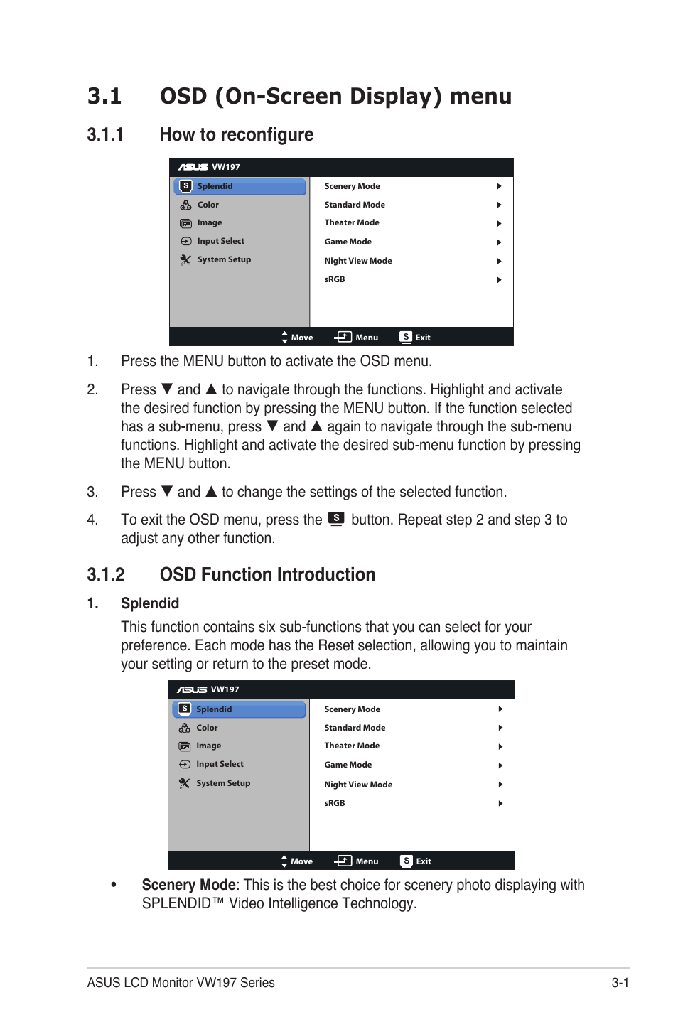 Osd (on-screen display) menu -1, Howtoreconfigure -1, Osd function introduction -1 | 1 osd (on-screen display) menu, 1 howtoreconfigure, 2 osd function introduction | Asus VW197DR User Manual | Page 15 / 21